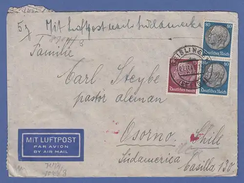 Deutsches Reich Bedarfs-Flugpost-Brief 1941 gel. von Geislingen n. Chile, Zensur