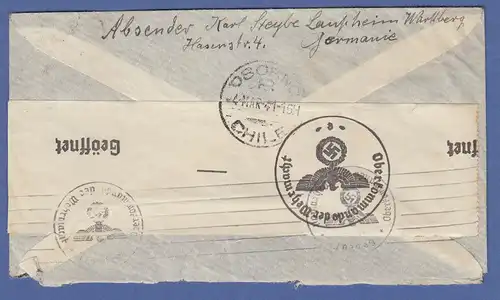 Deutsches Reich Bedarfs-Flugpost-Brief 1941 gel. von Laupheim n. Chile, Zensur