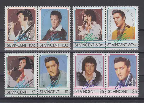 St. Vincent 1985 zum 50. Geb. von Elvis Presley Satz 8 Werte (4 Paare) **