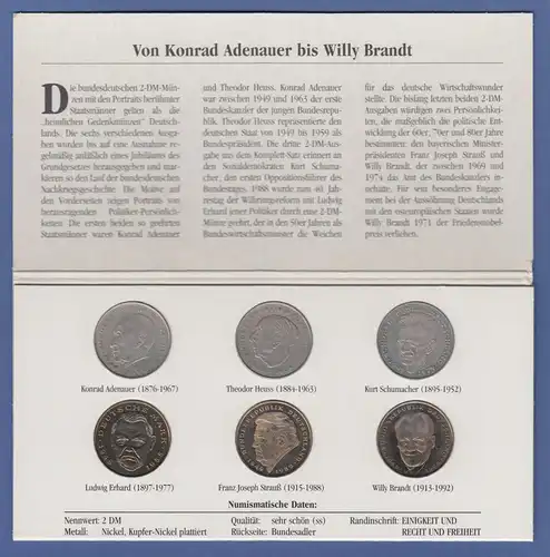 Bundesrepublik 2DM Kursmünzen alle 6 verschiedenen Ausgaben kpl. 