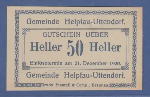 Banknote Österreich Gutschein über 50 Heller Gemeinde Helpfau-Uttendorf, 1920