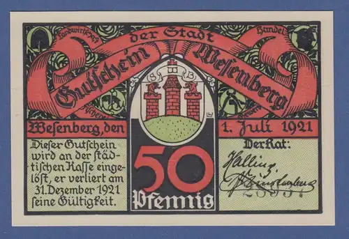 Banknote Notgeld Stadt Wesenburg 50 Pfennig 1921