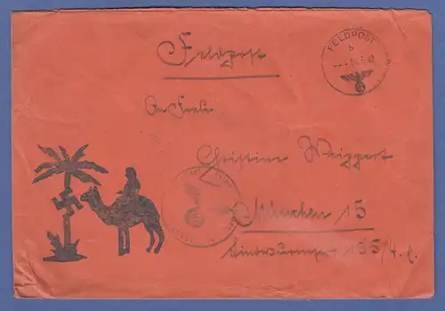 Dt. Feldpost Nordafrika 1942 orangener Feldpostbrief mit Kamel-Palmenstempel !
