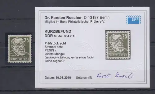 DDR 1952 Köpfe II Spitzenwert 25Pfg Mi.-Nr. 334 echt gestempelt, Kurzbefund BPP