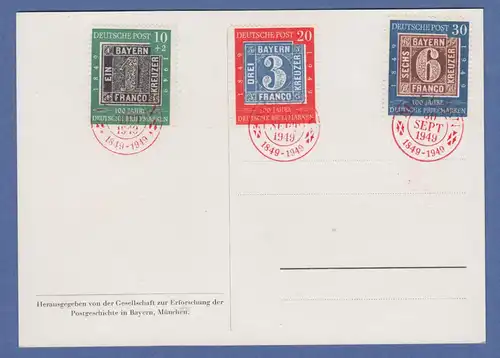 Bund 1949 100 Jahre Briefmarken Mi.-Nr. 113-115 auf Karte, rote Ersttags-Stempel