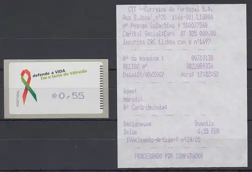 Portugal 2006 ATM AIDS-Bekämpfung Amiel Mi.-Nr. 56.2 Wert 0,55 ** mit AQ