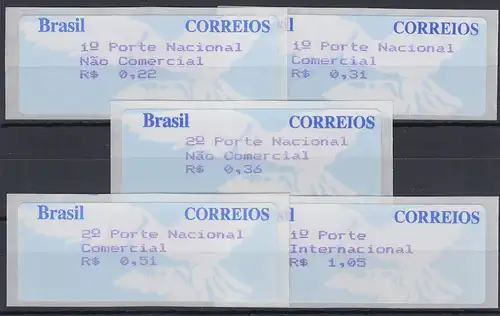 Brasilien selbstkl. ATM 1997, Wert 3-stellig, Satz 5 Werte  22-31-36-51-105 **