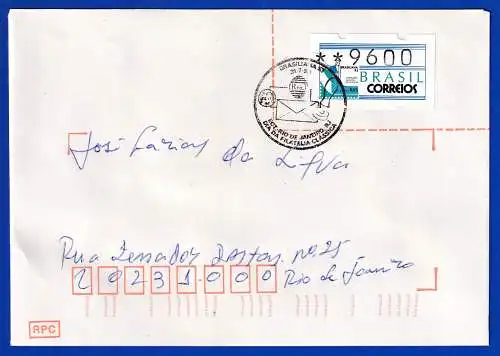 Brasilien ATM BRASILIANA'93, Mi.-Nr. 5 Wert 9600 Cr. auf Inl.-Brief, O 31.7.93