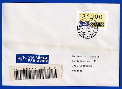 Brasilien 1993 ATM Postemblem Wert 186000 auf Auslands-R-Brief  mit O 31.7.93