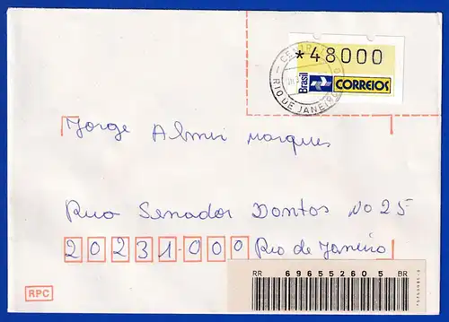 Brasilien 1993 ATM Postemblem Wert 48000 auf Inl.-R-Brief  mit O 31.7.93