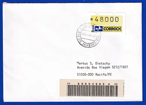 Brasilien 1993 ATM Postemblem Wert 48000 auf Inlands-R-Brief  mit O 31.7.93