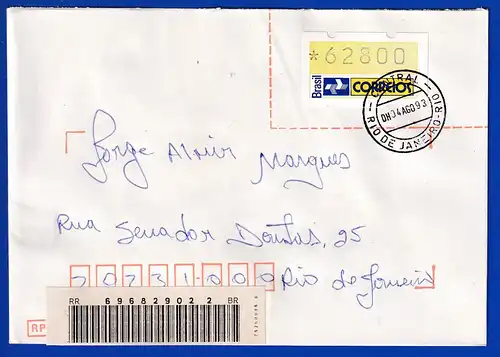 Brasilien 1993 ATM Postemblem Wert 62800 auf R-Brief nach Rio, 4. August 93