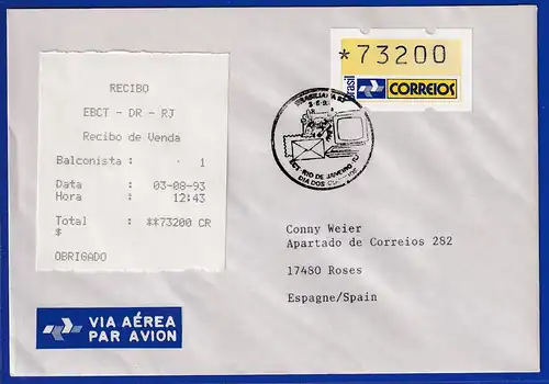Brasilien 1993 ATM Postemblem Wert 73200 auf R-Brief,  So.-O 3.8.93, mit AQ 