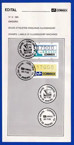 Brasilien Klüssendorf-ATM 1993 BRASILIANA / Postemblem auf offiz. EDITAL !!