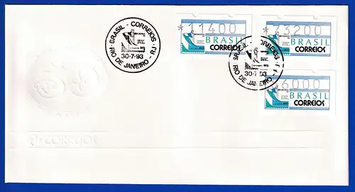 Brasilien Sonder-ATM BRASILIANA Satz 11400-73200-186000 auf FDC 30.7.93 