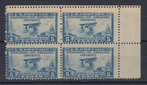 USA 1928 Zivilluftfahrt-Konferenz Washington  Mi.-Nr. 315 Eckrand-Viererblock