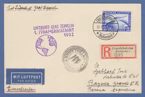 Dt. Reich Zeppelin LZ 127 1. Südamerikafahrt 1932 Einschreibe-Karte Argentinien