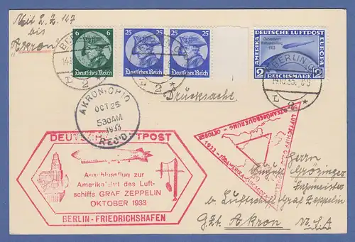 Dt. Reich Zeppelin LZ 127 Chicagofahrt 1933 2RM Mi-Nr. 497 auf Karte nach Akron