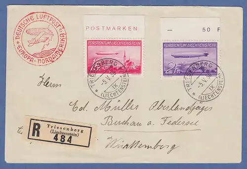 Liechtenstein Zeppelin-Satz Mi.-Nr. 149-150 Oberrandstück auf R-Brief 5.5.1936