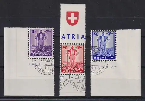 Schweiz 1936 Einzelmarken aus Block 2 10-20-30 Rp. Mi.-Nr. A294-96 gestempelt