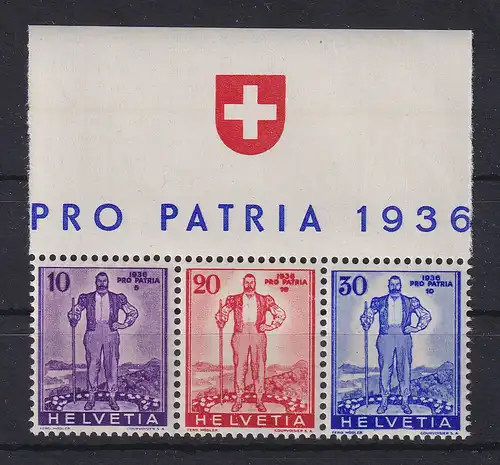 Schweiz 1936 Zusammendruck 10-20-30 aus Block 2 postfrisch ** mit Oberrand