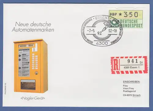 Deutschland ATM Typ NAGLER Mi.-Nr. 1.2 Wert 350 auf R-Brief nach CH, So.-O ESSEN