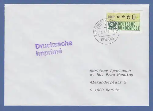 Deutschland ATM Typ NAGLER Mi-Nr. 1.2 Wert 60 auf Drucksache,  FDC 14.4.92