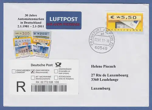 Deutschland ATM Mi.-Nr. 5.1 Wert 5,50 auf R-Brief nach Luxemburg, 2.1.2011
