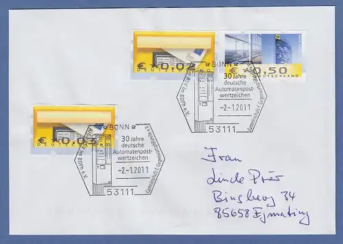 Deutschland 2011 ATM-Brief mit So.-O 30 Jahre ATM frankiert mit 3 Fehldrucken 