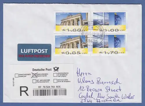 ATM Mi.-Nr. 6 und 7 je 2x auf Luftpost-R-Brief nach Australien, 2009