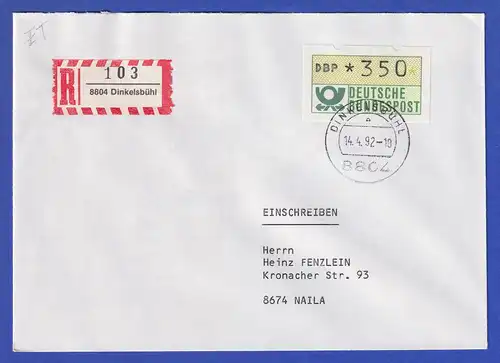 ATM Typ NAGLER Mi.-Nr. 1.2 Wert 350 auf R-Brief, O DINKELSBÜHL14.4.92  ALBINO !