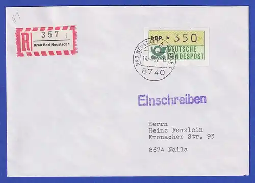 ATM Typ NAGLER Mi.-Nr. 1.2 Wert 350 auf R-Brief, O BAD NEUSTADT 14.4.92  