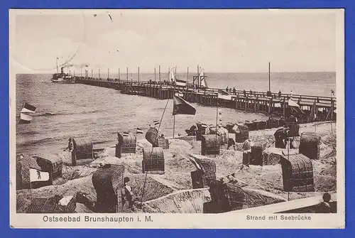 AK Ostseebad Brunshaupten Strand mit Seebrücke, gelaufen 1929