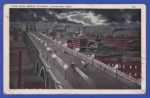 AK Cleveland Ohio, high level bridge at night, gelaufen 1924