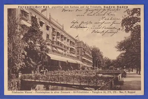 AK Baden-Baden Europäischer Hof gegenüber Kurhaus und Trinkhalle, gelaufen 1926