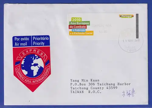 Portugal 2010 ATM gegen Armut Monétel Mi.-Nr. 71 AZUL1,85 auf FDC nach Taiwan