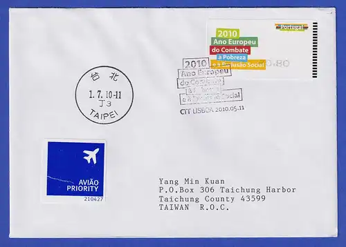 Portugal 2010 ATM gegen Armut SMD Mi.-Nr. 70 Wert 0,80 auf FDC nach Taiwan