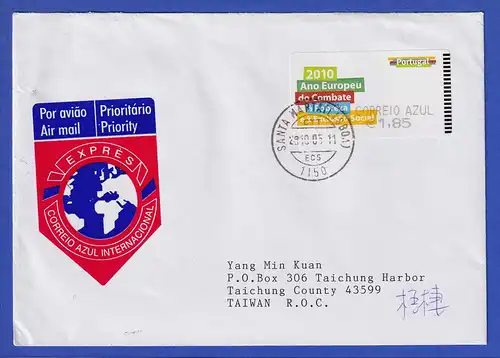 Portugal 2010 ATM gegen Armut SMD Mi.-Nr. 70 AZUL 1,85 auf Expr.-FDC nach Taiwan