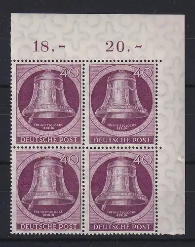 Berlin 1951 Glocke links 40-Pfennig-Wert Mi.-Nr. 79 Eckrand-Viererblock OR ** 