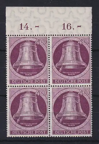 Berlin 1951 Glocke links 40-Pfennig-Wert Mi.-Nr. 79 Oberrand-Viererblock ** 