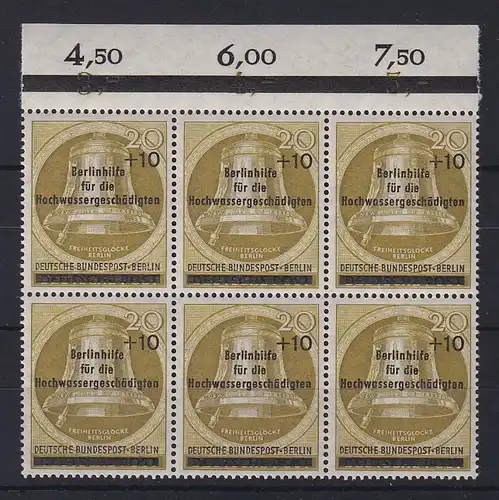 Berlin 1956 Glocke Hochwasserhilfe Mi.-Nr. 155 Oberrand-Sechserblock **