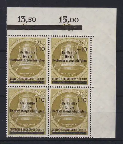 Berlin 1956 Glocke Hochwasserhilfe Mi.-Nr. 155 Eckrand-Viererblock OR **