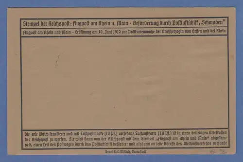 Flugpost am Rhein und Main, grüne 30Pfg 3x auf Postkarte, O Darmstadt 22.6.12