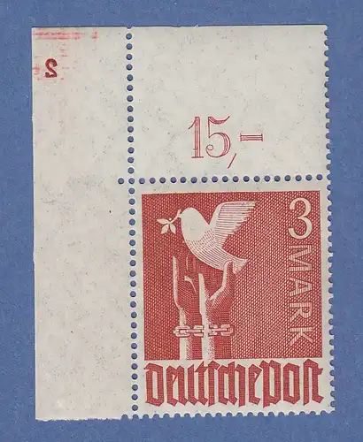 All. Besetzung, 3 Mark Friedenstaube Mi-Nr. 961 Eckrandstück mit Plattennummer 2