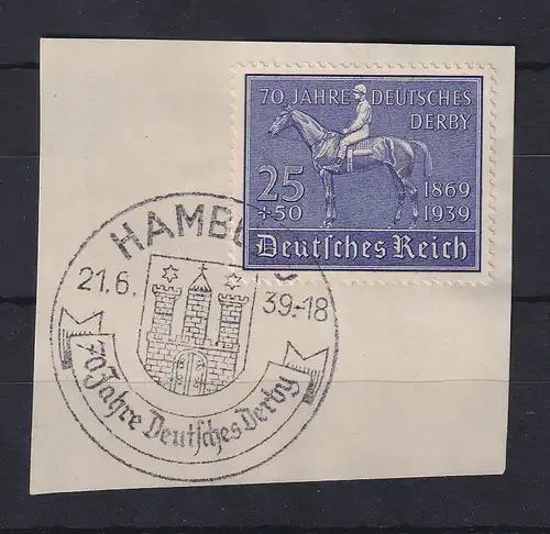 Dt. Reich 1939 Blaues Band Mi.-Nr. 698 auf Briefstück mit So.-O HAMBURG 21.6.39