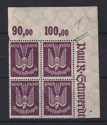 Deutsches Reich 1924 Flugpost 100Pfg. Mi.-Nr. 348 Eckrand-Viererblock **