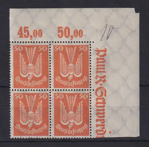 Deutsches Reich 1924 Flugpost 50Pfg. Mi.-Nr. 347 Eckrand-Viererblock **