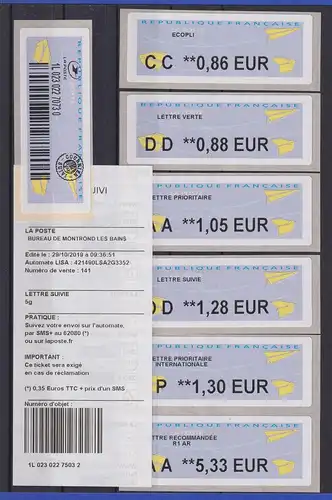 Frankreich 2019 ATM Papierflieger fetter Werteindruck LISA 2 Satz 6 Werte ** 
