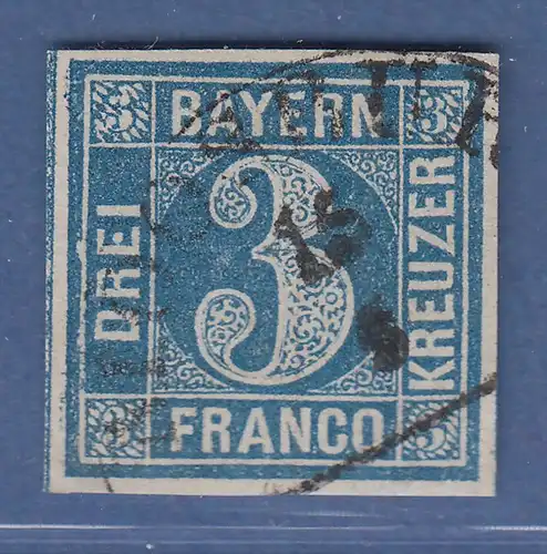 Bayern 3 Kreuzer blau TYPE I  Mi.-Nr. 2I b Luxusstück mit HK-O MOOSBURG