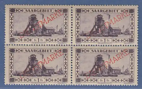 Saargebiet Dienstmarke 1 Fr. steiler Aufdruck Mi-Nr. 20 Viererblock ** gepr. Ney